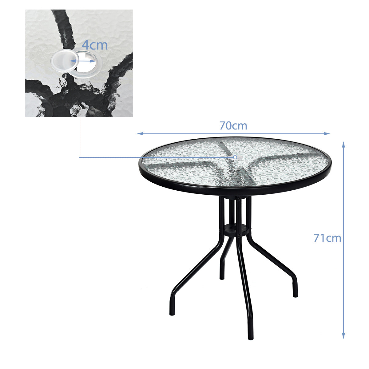 LIVSK Ronde Terrastafel - Gehard Glas met Parasolgat - Metalen Frame - Draagvermogen tot 50 kg - 70 x 71 cm - Zwart + Transparant