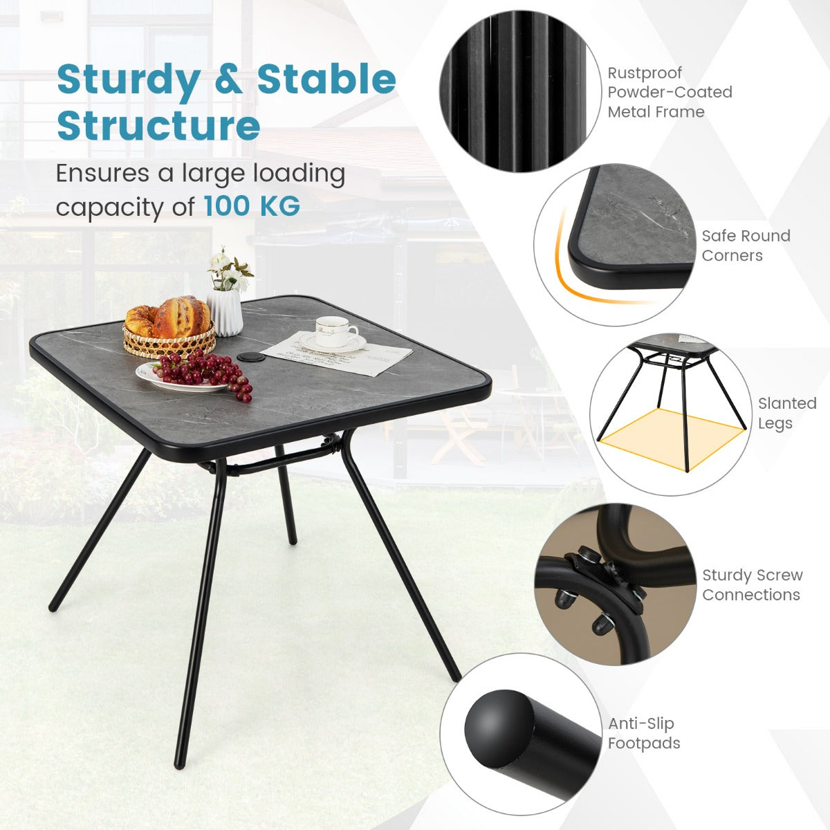 LIVSK Tuintafel met Parasolgat - Ruim 80 x 80 cm - Duurzaam PVC en Gepoedercoat Metaal - Voor 4 Personen - Grijs