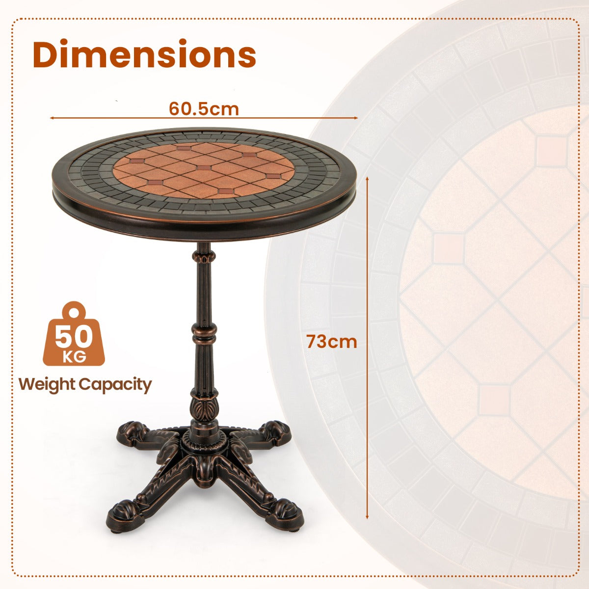 LIVSK Ronde Eettafel van Aluminiumgietwerk - Uniek Ontworpen Tafelblad - Verstelbare Voetkussentjes - Draagvermogen 50 kg - Brons
