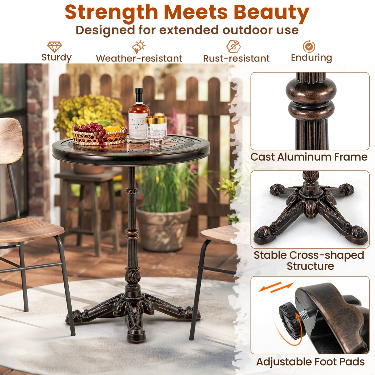 LIVSK Ronde Eettafel van Aluminiumgietwerk - Uniek Ontworpen Tafelblad - Verstelbare Voetkussentjes - Draagvermogen 50 kg - Brons