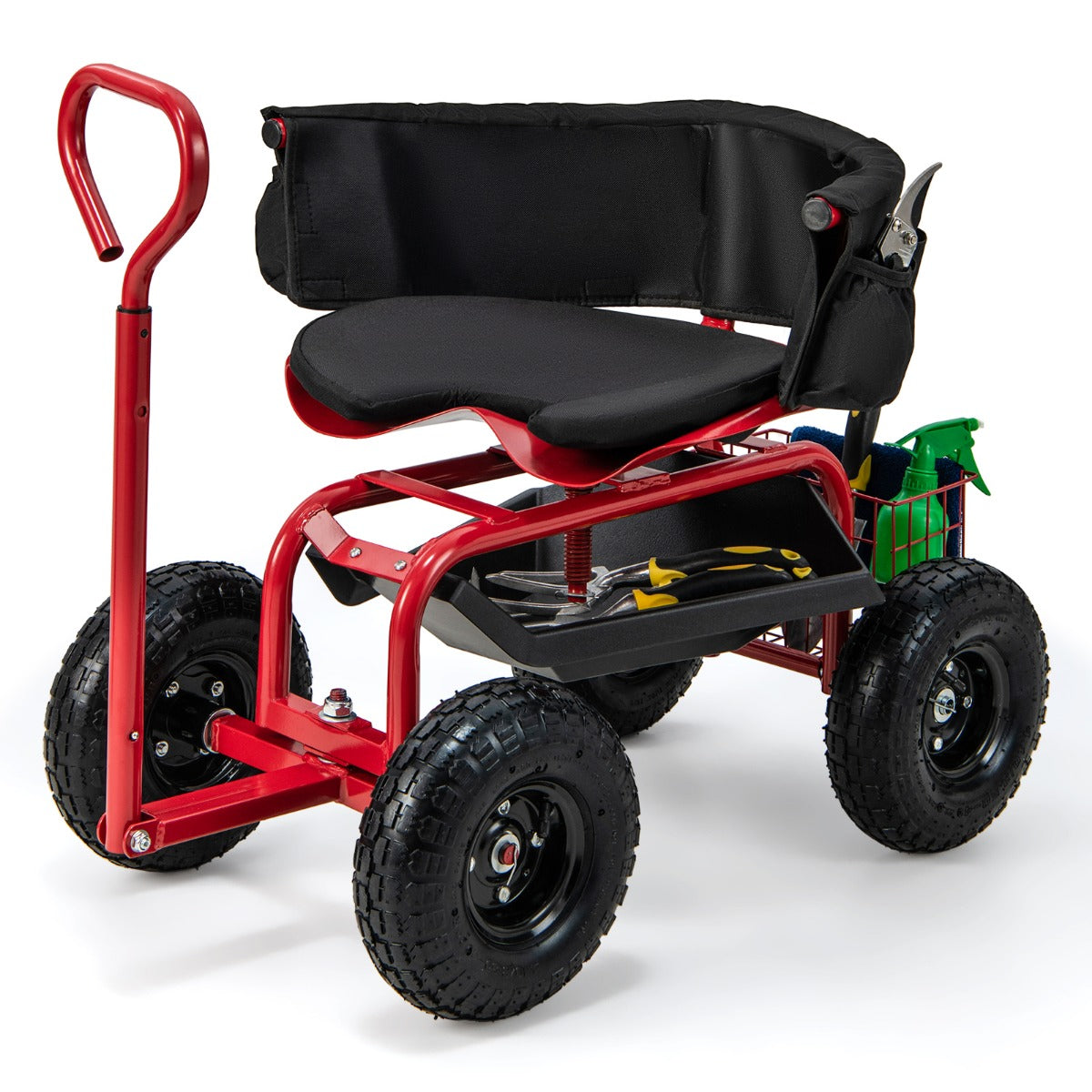 LIVSK Tuinwagen met Uittrekbare Handgreep - 150 kg Draagvermogen - Verstelbare Zithoogte - Comfortabele Kussens - Rood+Zwart