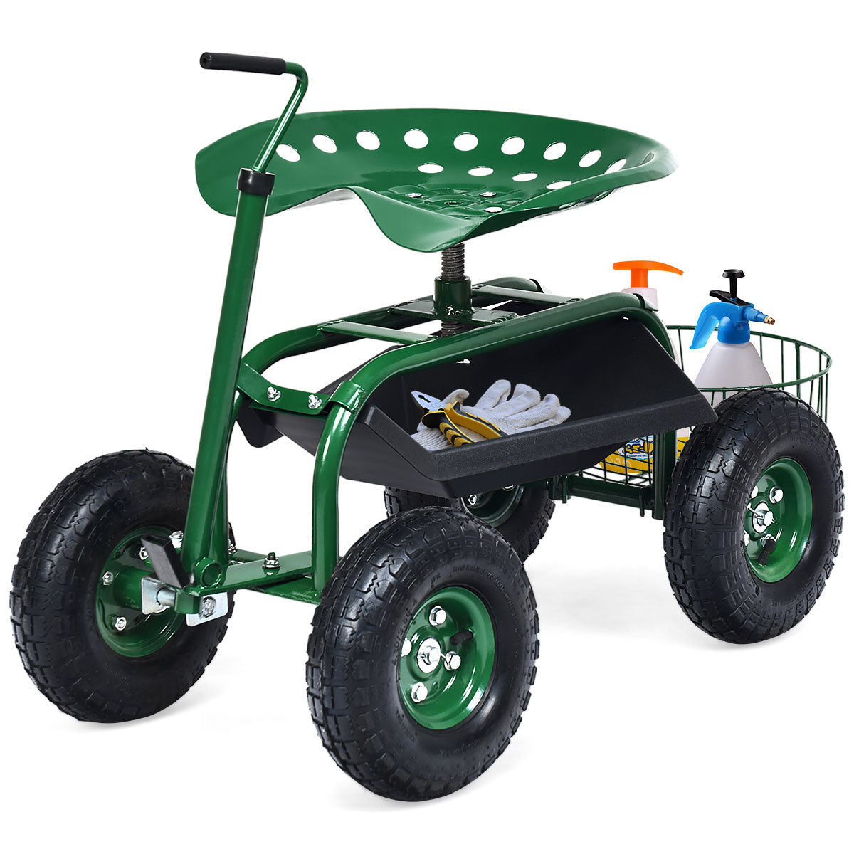 LIVSK Uittrekbare Tuinwagen - Verstelbare Handgreep 47-55 cm - Ergonomische Zitting - Pneumatische Banden - Groen