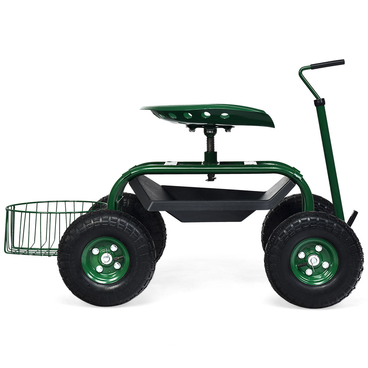 LIVSK Uittrekbare Tuinwagen - Verstelbare Handgreep 47-55 cm - Ergonomische Zitting - Pneumatische Banden - Groen