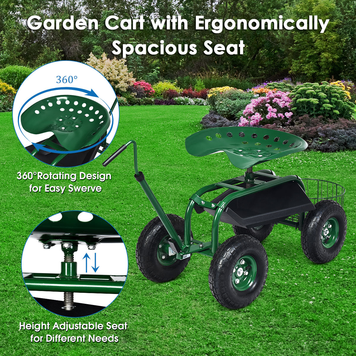LIVSK Uittrekbare Tuinwagen - Verstelbare Handgreep 47-55 cm - Ergonomische Zitting - Pneumatische Banden - Groen