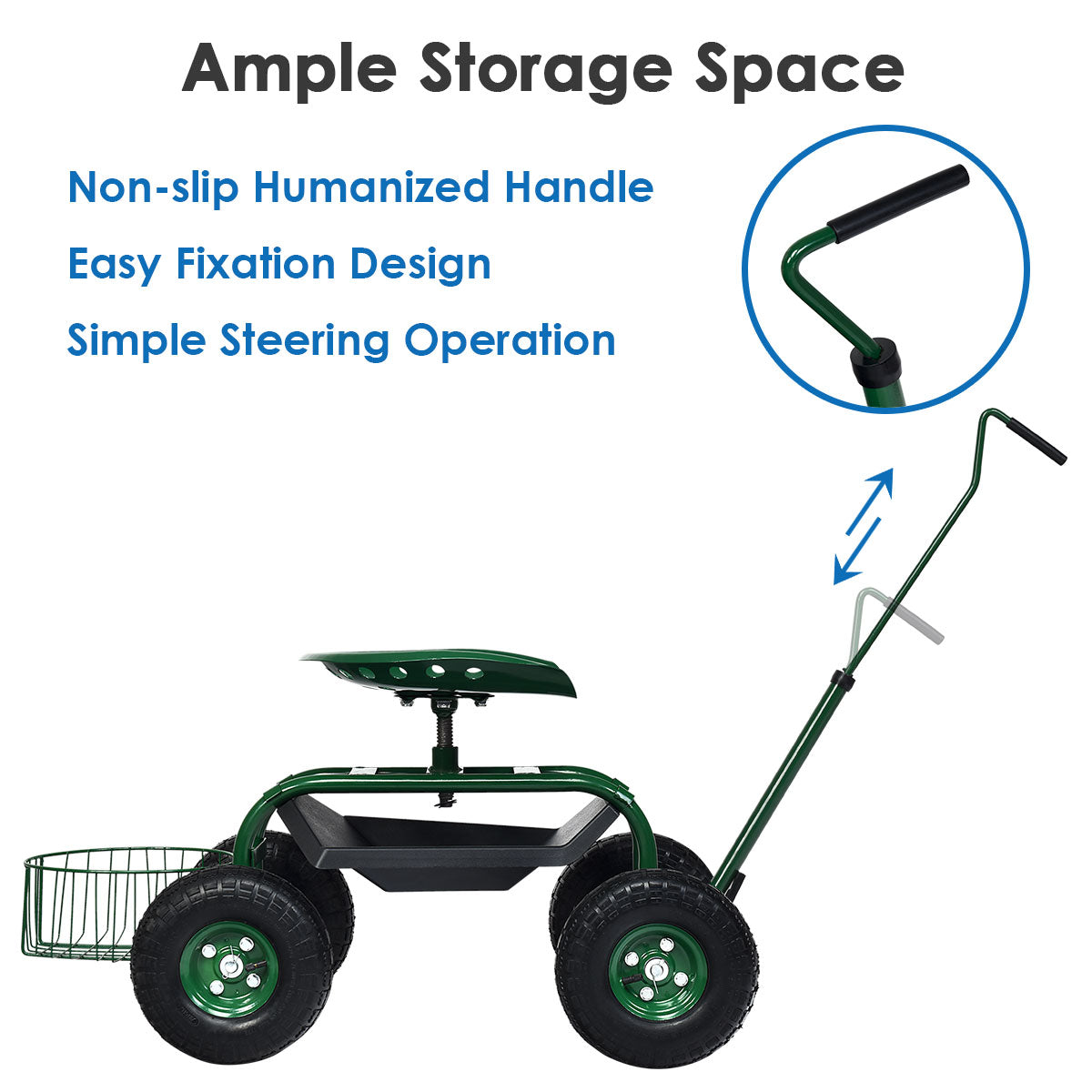 LIVSK Uittrekbare Tuinwagen - Verstelbare Handgreep 47-55 cm - Ergonomische Zitting - Pneumatische Banden - Groen