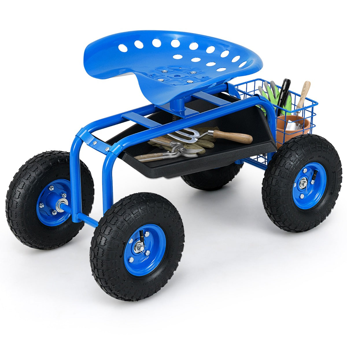 LIVSK rollende tuingereedschapswagen - Verstelbare draaistoel - 360° draaibaar - Opbergruimte - Draagvermogen 150 kg - Blauw