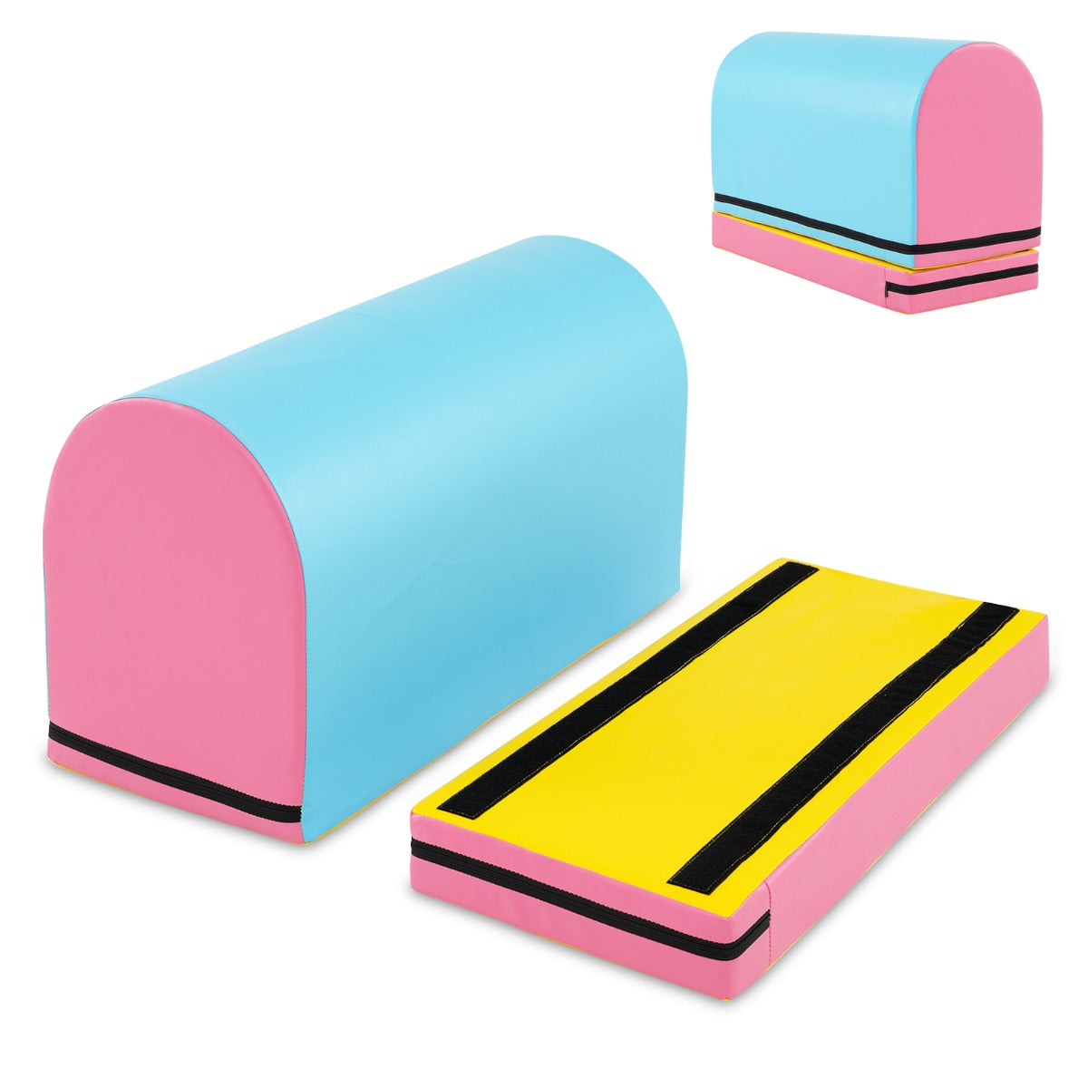 Livsk costway tumblingmat in de vorm van een brievenbus springkist met afneembare mat blauw en geel 1 2