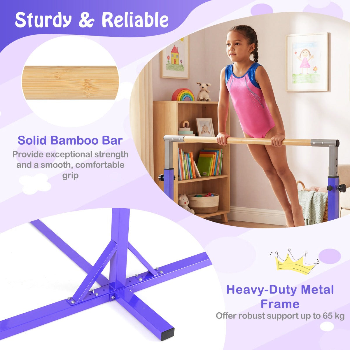 Livsk costway turnstang horizontale turnstang in hoogte verstelbaar tot 12 standen met een metalen frame en antislipvoet paars 4