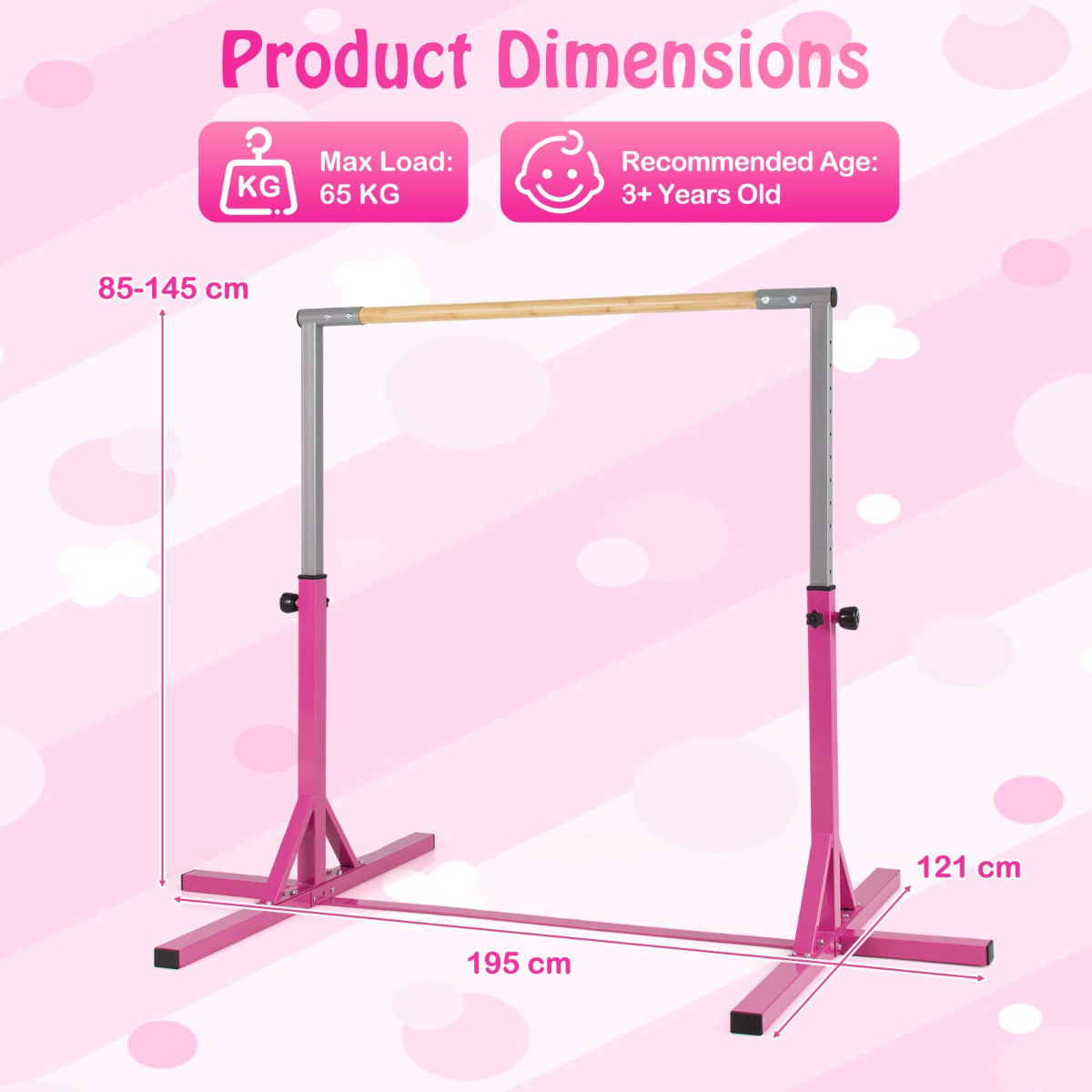 Livsk costway turnstang horizontale turnstang in hoogte verstelbaar tot 12 standen met een metalen frame en antislipvoet roze 2