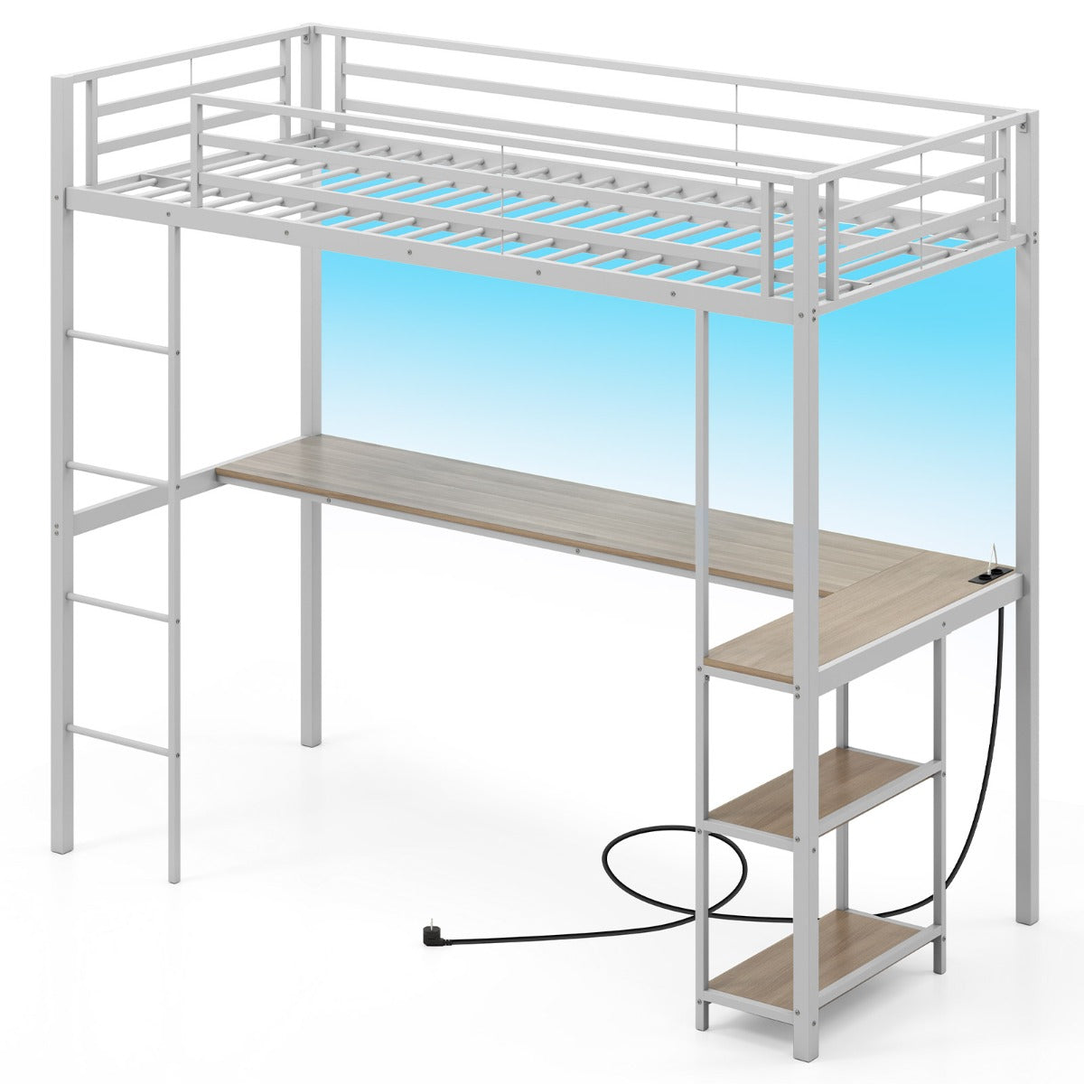 Livsk costway tussenbed 200 x 90 cm met bureau verhoogd bed met led oplaadstation metalen bed met veiligheidsreling en ladder wit