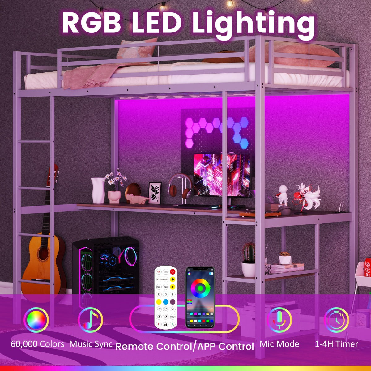 Livsk costway tussenbed 200 x 90 cm met bureau verhoogd bed met led oplaadstation metalen bed met veiligheidsreling en ladder wit 4