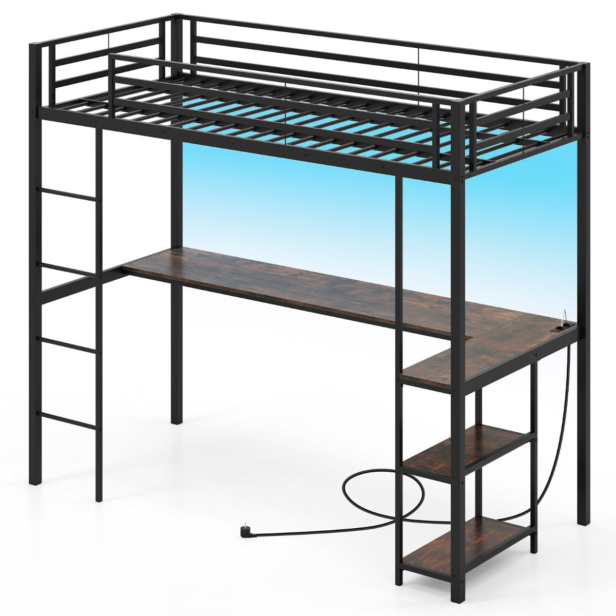 Livsk costway tussenbed 200 x 90 cm met bureau verhoogd bed met led oplaadstation metalen bed met veiligheidsreling en ladder zwart