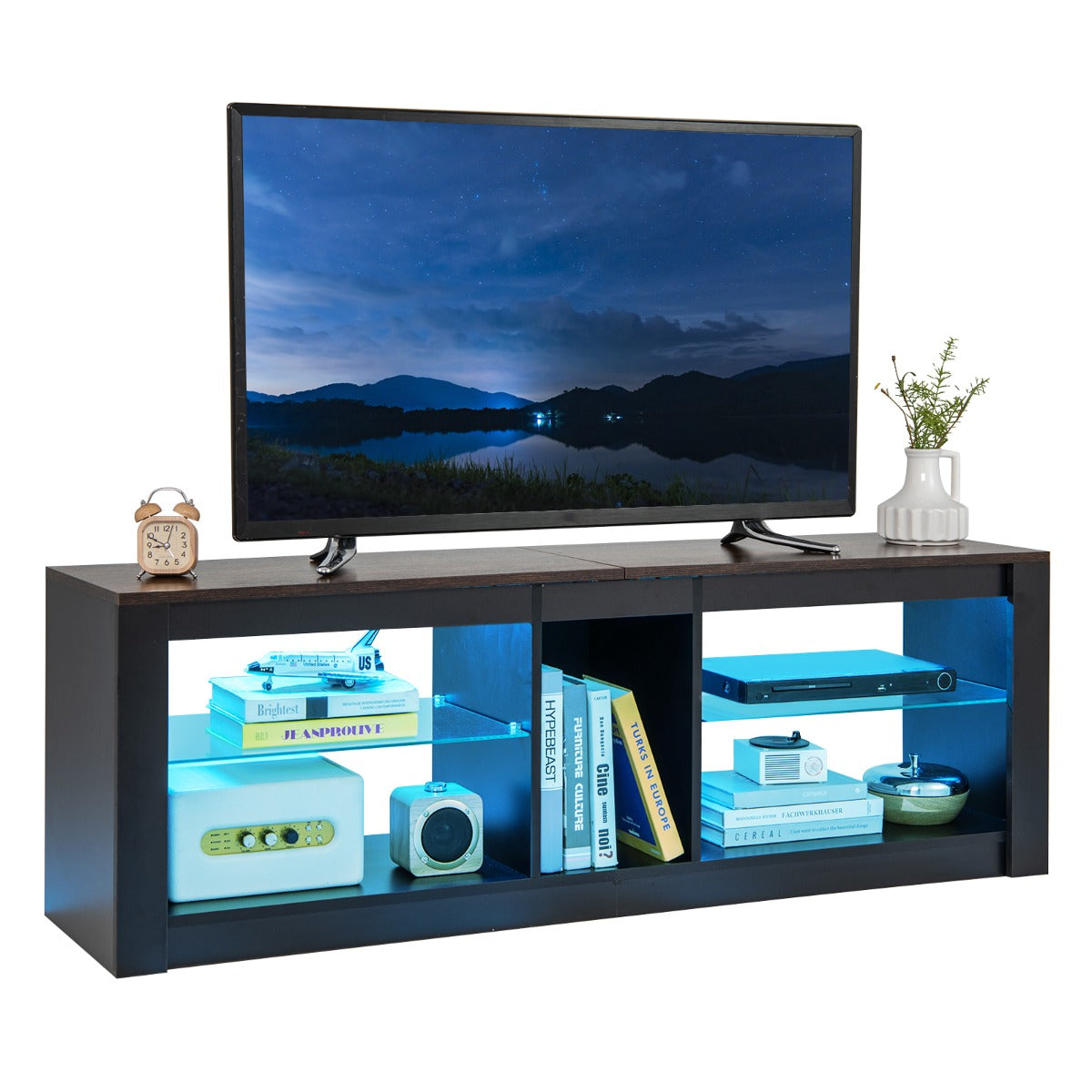 LIVSK LED-tv-kast voor tv's tot 65 inch - Verstelbare Glazen Planken - 20 Kleuren - 22 Modi - Elegant Design - Zwart en Bruin