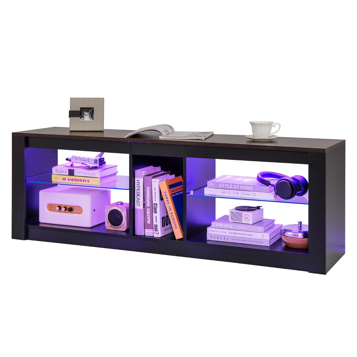 LIVSK LED-tv-kast voor tv's tot 65 inch - Verstelbare Glazen Planken - 20 Kleuren - 22 Modi - Elegant Design - Zwart en Bruin