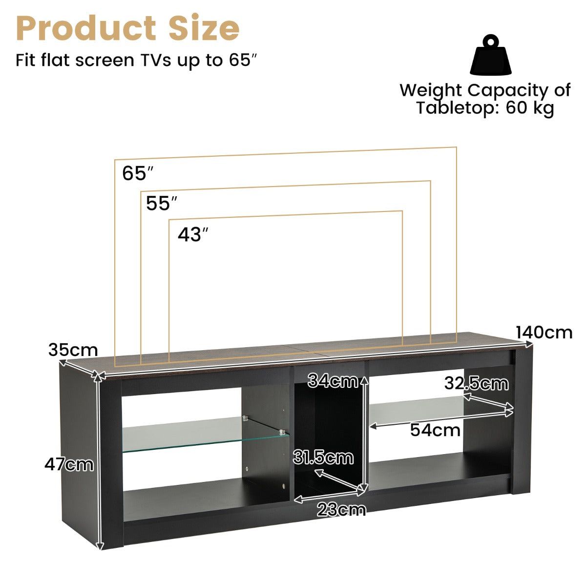 LIVSK LED-tv-kast voor tv's tot 65 inch - Verstelbare Glazen Planken - 20 Kleuren - 22 Modi - Elegant Design - Zwart en Bruin