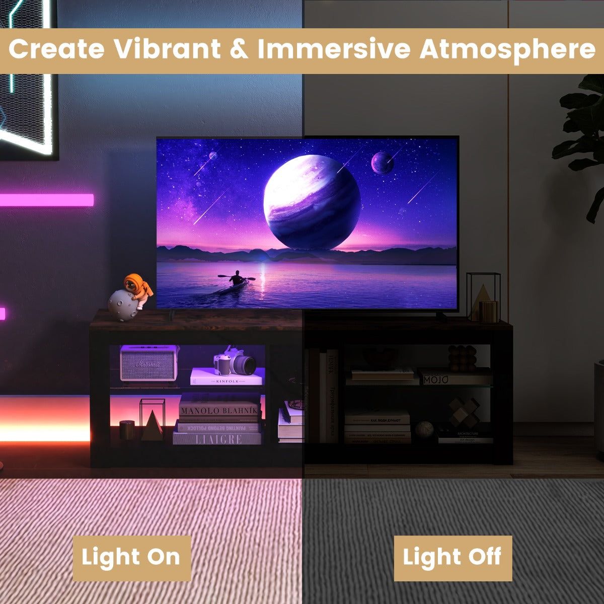 LIVSK LED-tv-kast voor tv's tot 65 inch - Verstelbare Glazen Planken - 20 Kleuren - 22 Modi - Elegant Design - Zwart en Bruin