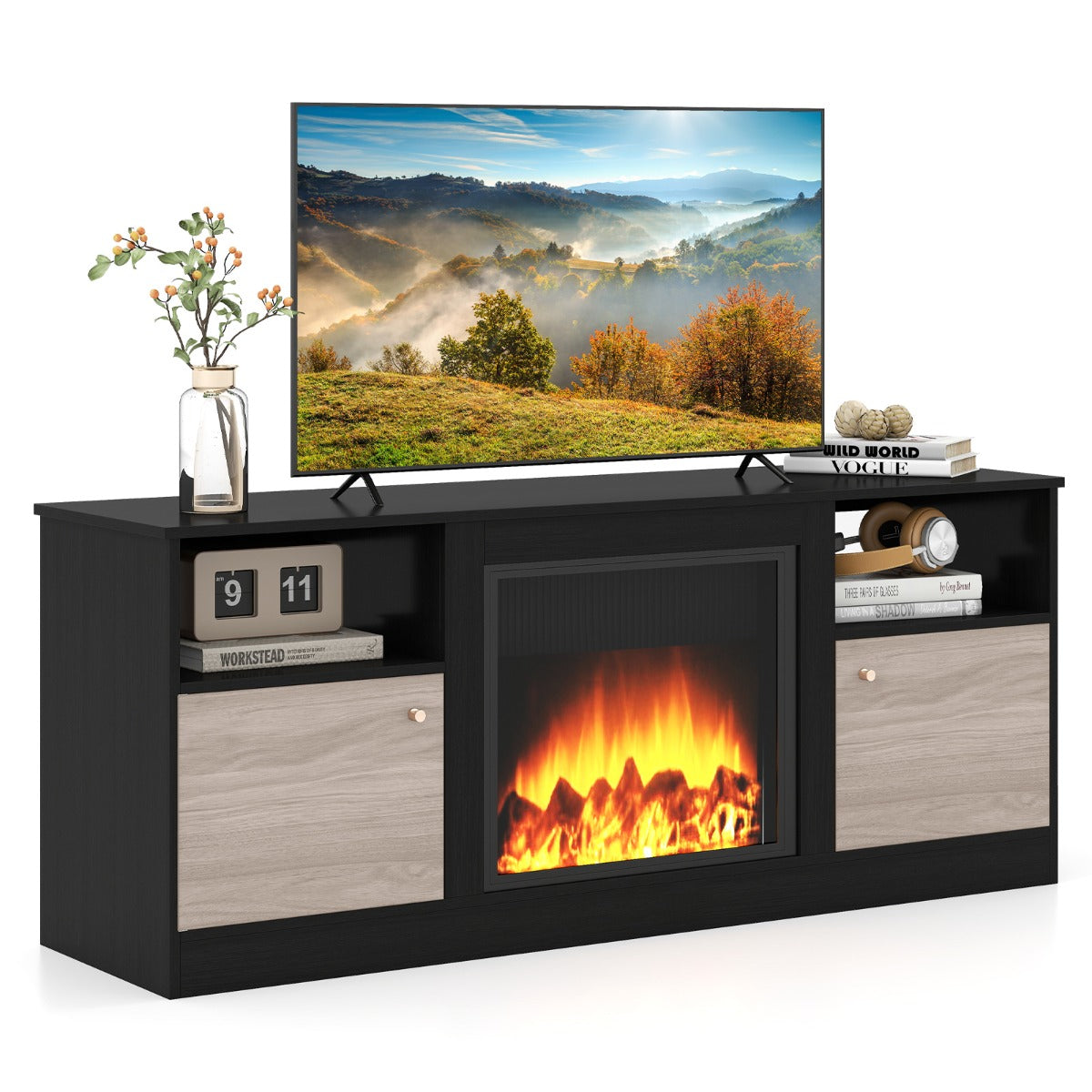 Livsk costway tv kast met ledverlichting voor 65 tv tv kast met verstelbare plank en open vak voor open haard