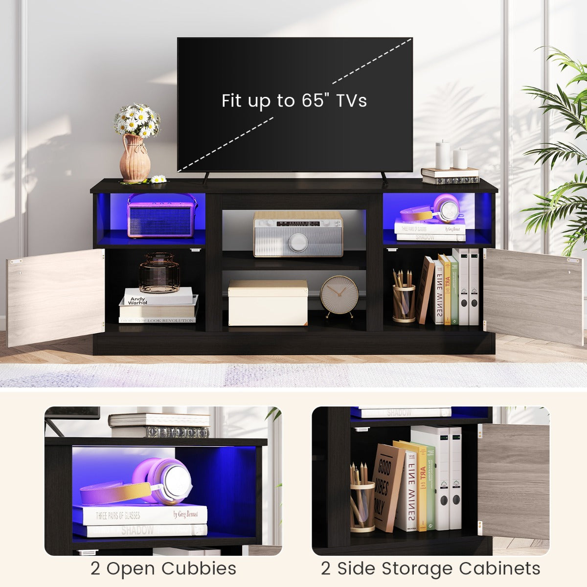 Livsk costway tv kast met ledverlichting voor 65 tv tv kast met verstelbare plank en open vak voor open haard 5