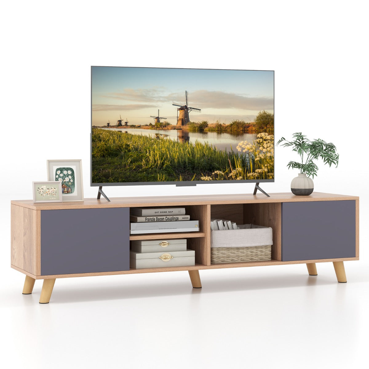 LIVSK TV-meubel voor TV's tot 65 inch - 2 Kasten en 2 Open Planken - Kabelmanagement - Robuuste Constructie - 152 x 40 x 40 cm -