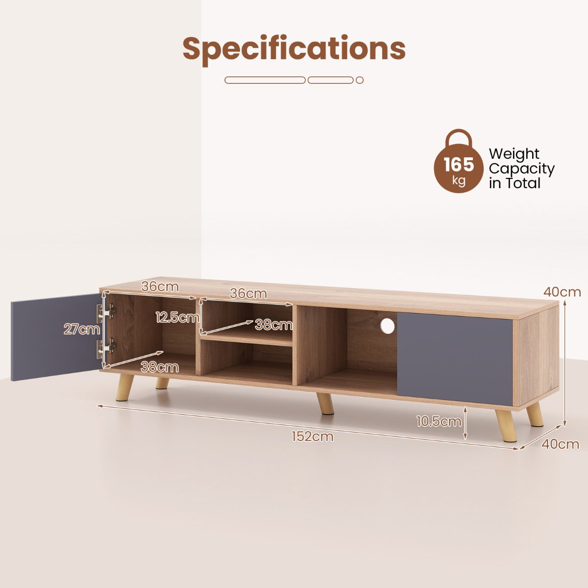 LIVSK TV-meubel voor TV's tot 65 inch - 2 Kasten en 2 Open Planken - Kabelmanagement - Robuuste Constructie - 152 x 40 x 40 cm -