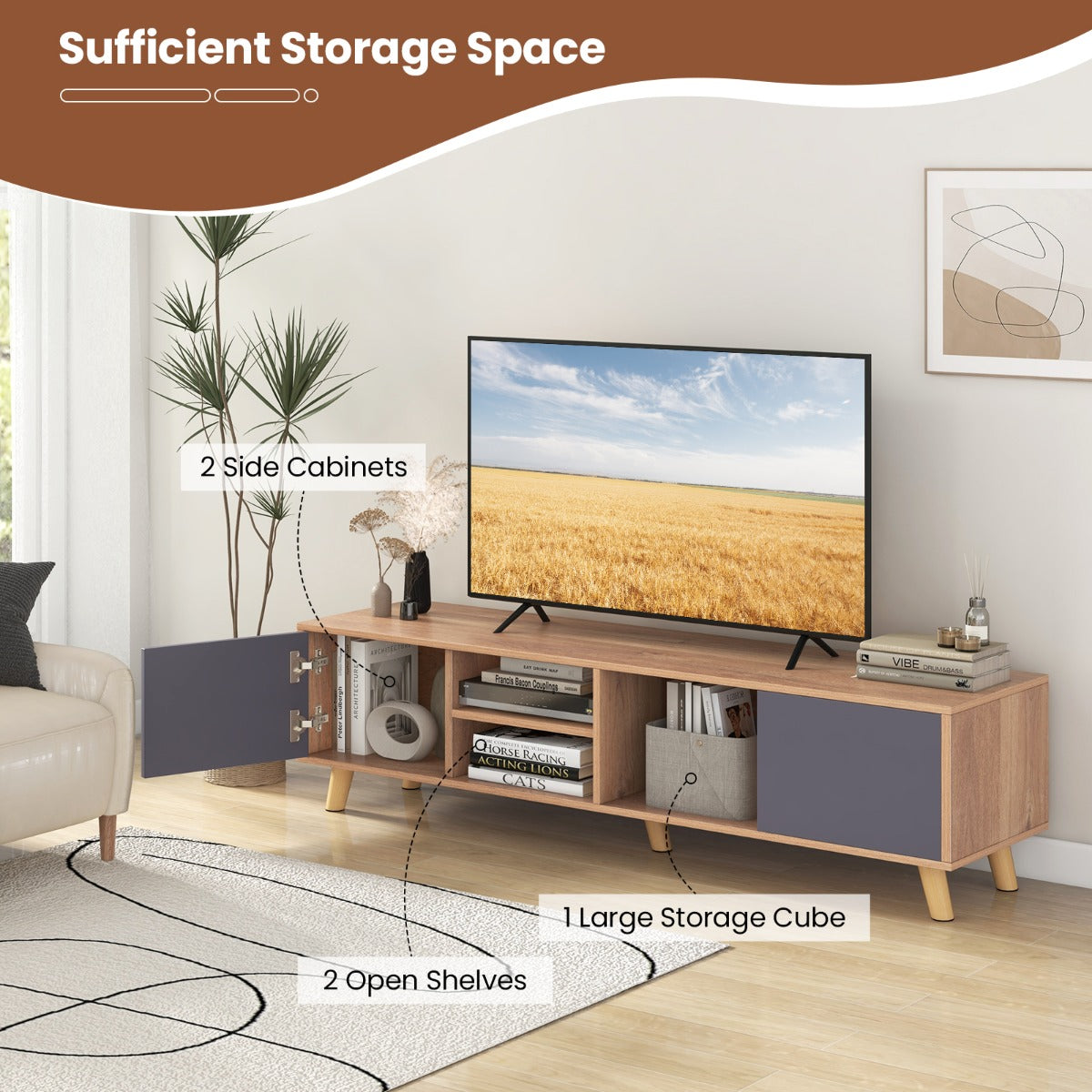 LIVSK TV-meubel voor TV's tot 65 inch - 2 Kasten en 2 Open Planken - Kabelmanagement - Robuuste Constructie - 152 x 40 x 40 cm -