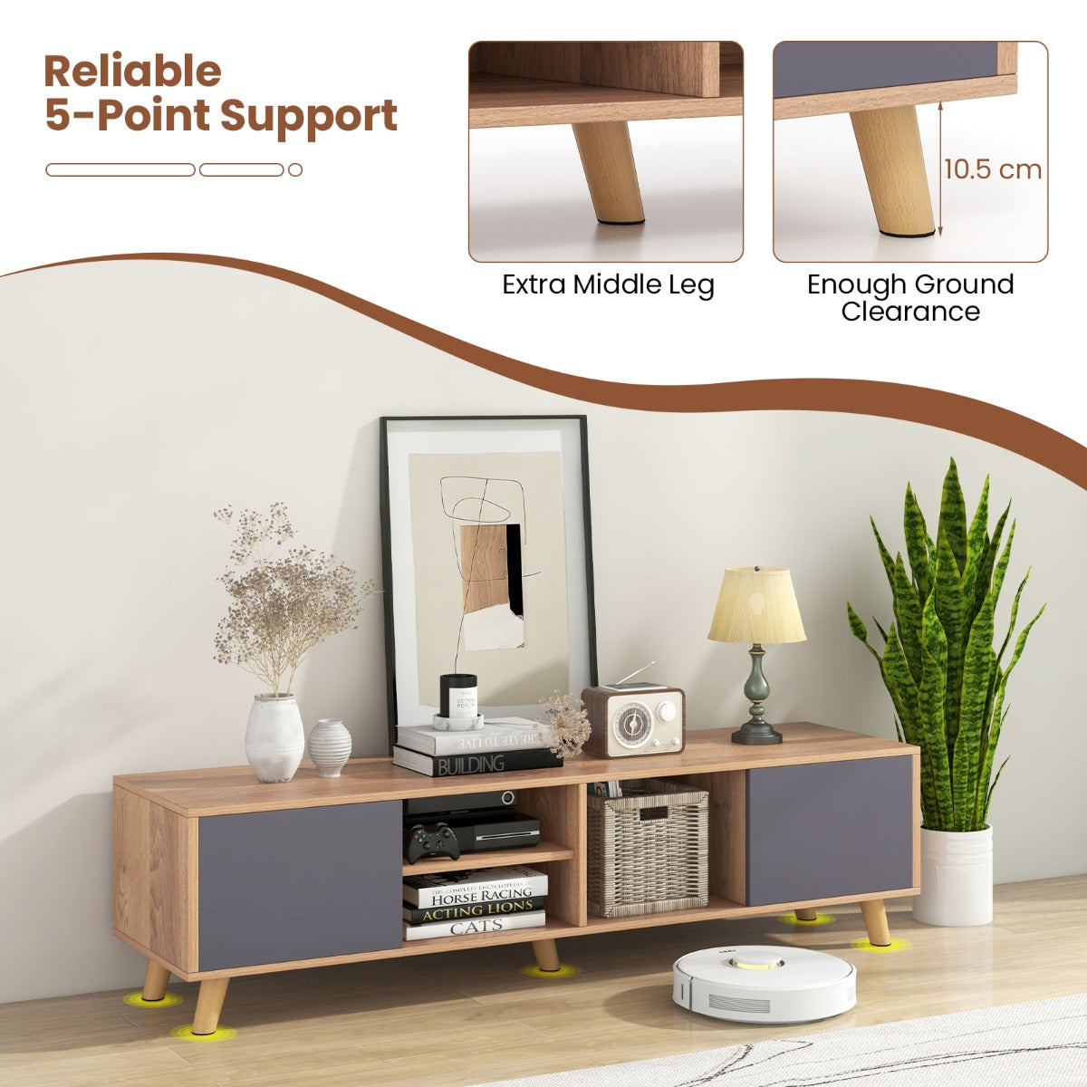 LIVSK TV-meubel voor TV's tot 65 inch - 2 Kasten en 2 Open Planken - Kabelmanagement - Robuuste Constructie - 152 x 40 x 40 cm -
