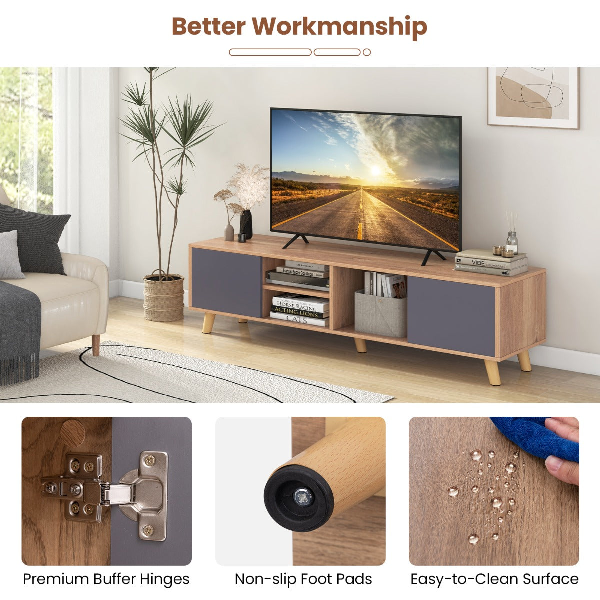 LIVSK TV-meubel voor TV's tot 65 inch - 2 Kasten en 2 Open Planken - Kabelmanagement - Robuuste Constructie - 152 x 40 x 40 cm -
