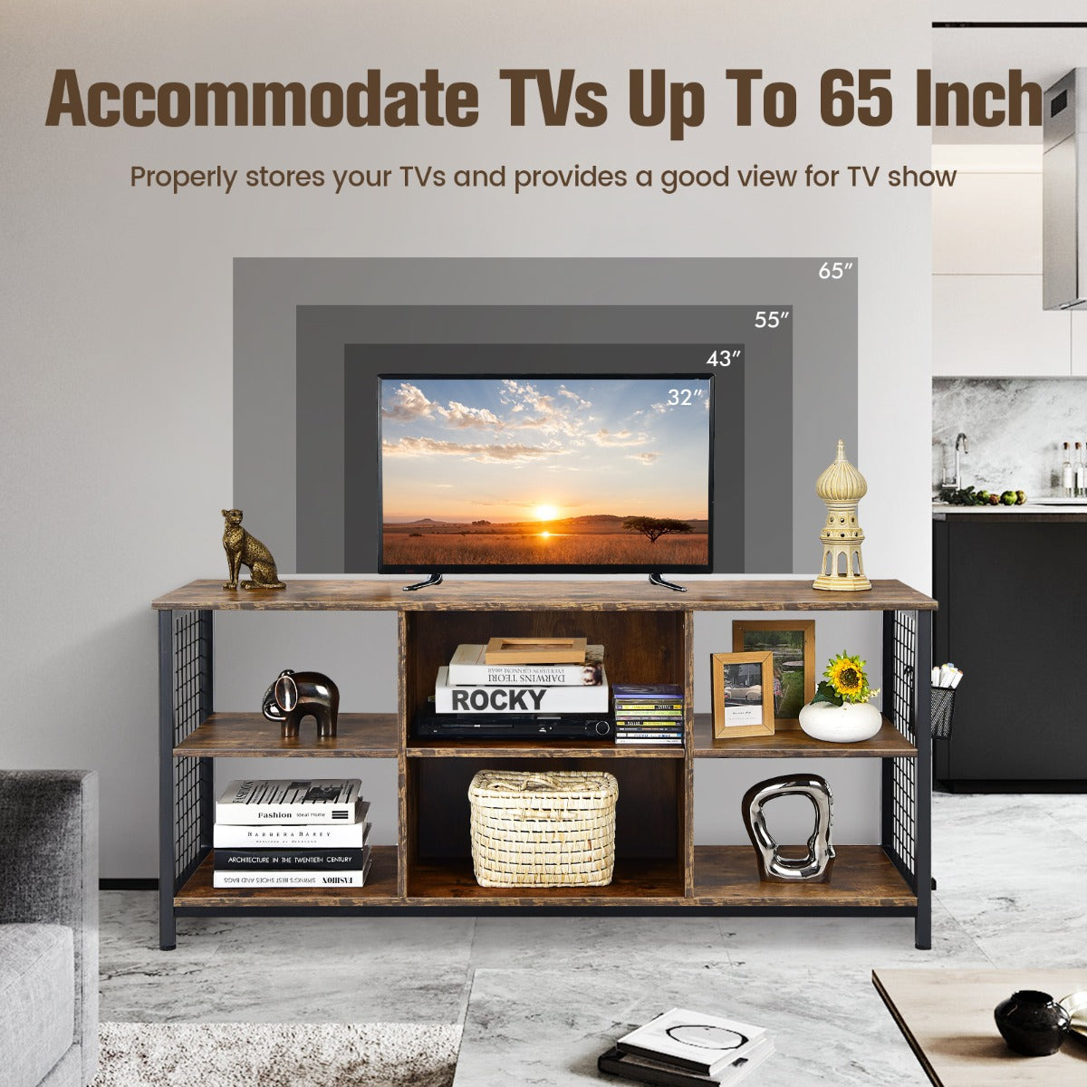 LIVSK Industrieel TV-meubel voor televisies tot 65" - 6 Open Vakken - Kabelmanagement - Stevige Constructie - 140 x 40 x 63 cm -