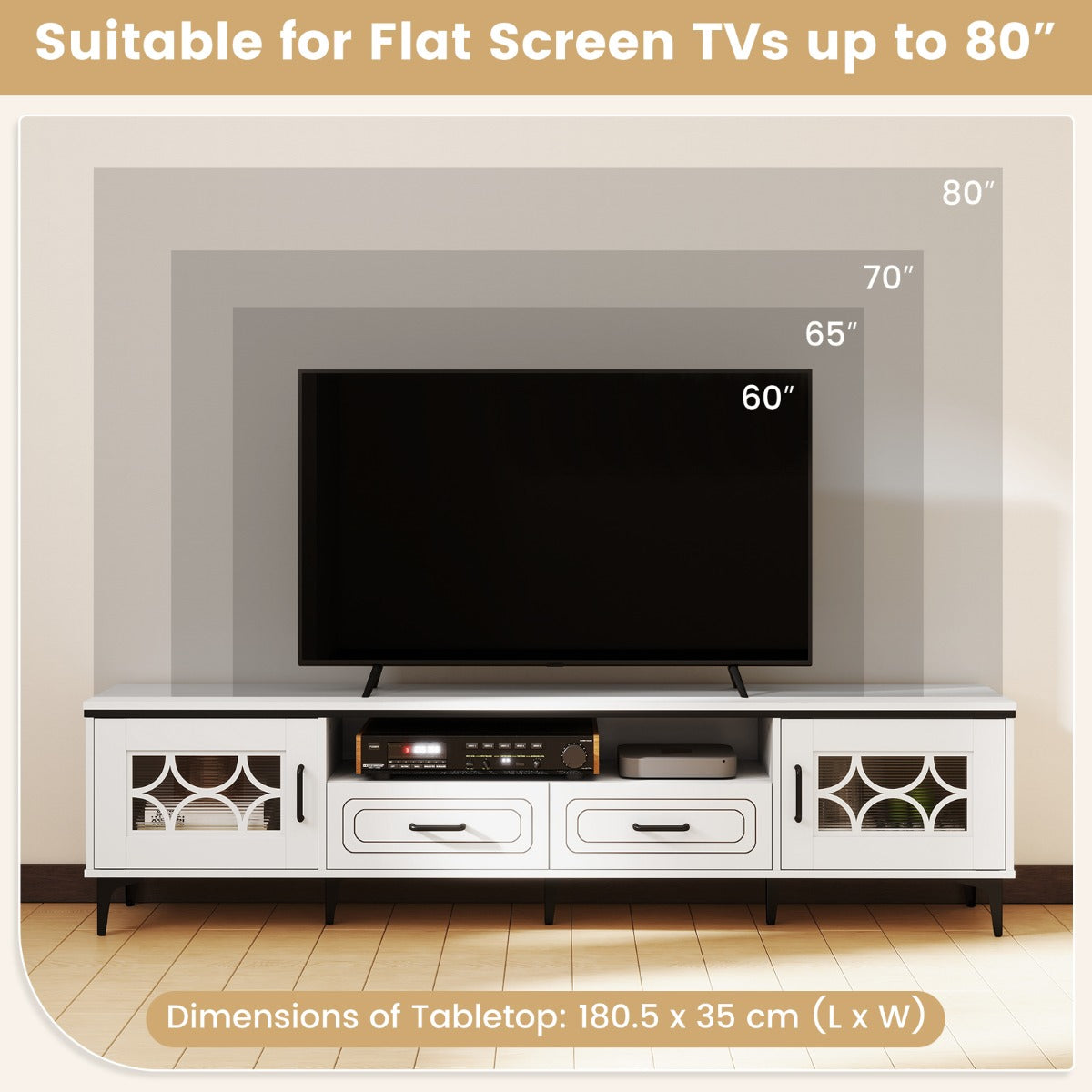 LIVSK TV-meubel voor Flatscreen tot 80 inch - 2 Uittrekbare Lades - Transparante Deuren - Robuust en Stabiel - Eiken en Blauwgrijs