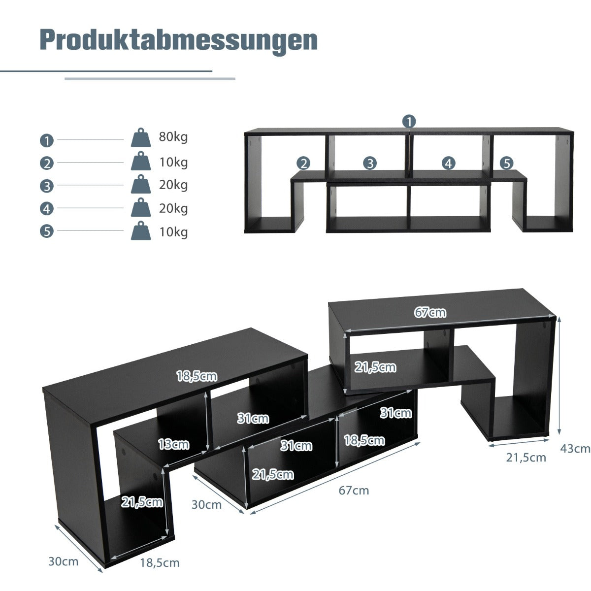 LIVSK Modulaire TV-standaard - Vrije Combinatie met 6 Opbergvakken - Stevige Constructie tot 80 kg - Modern Design - Zwart
