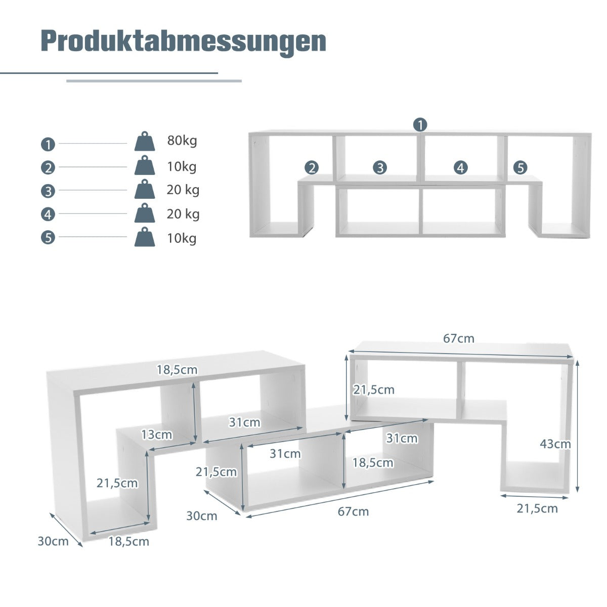 LIVSK Tv-meubel met Vrije Combinatie - 3 Stijlen - 6 Open Compartimenten - Stevige Constructie - Tot 80 kg - Wit