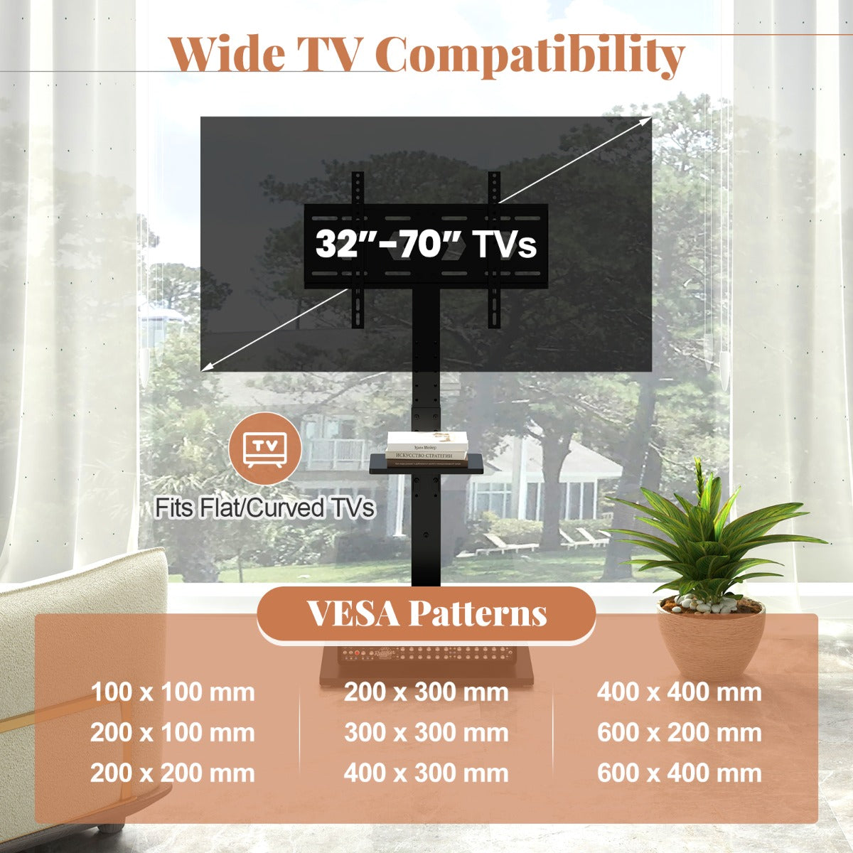 LIVSK Universele TV-standaard - Geschikt voor 32-70" TV's - Verstelbare Hoogte - Oplaadstation met USB - Draagvermogen 50 kg -