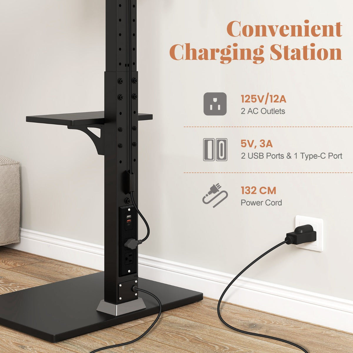 LIVSK Universele TV-standaard - Geschikt voor 32-70" TV's - Verstelbare Hoogte - Oplaadstation met USB - Draagvermogen 50 kg -