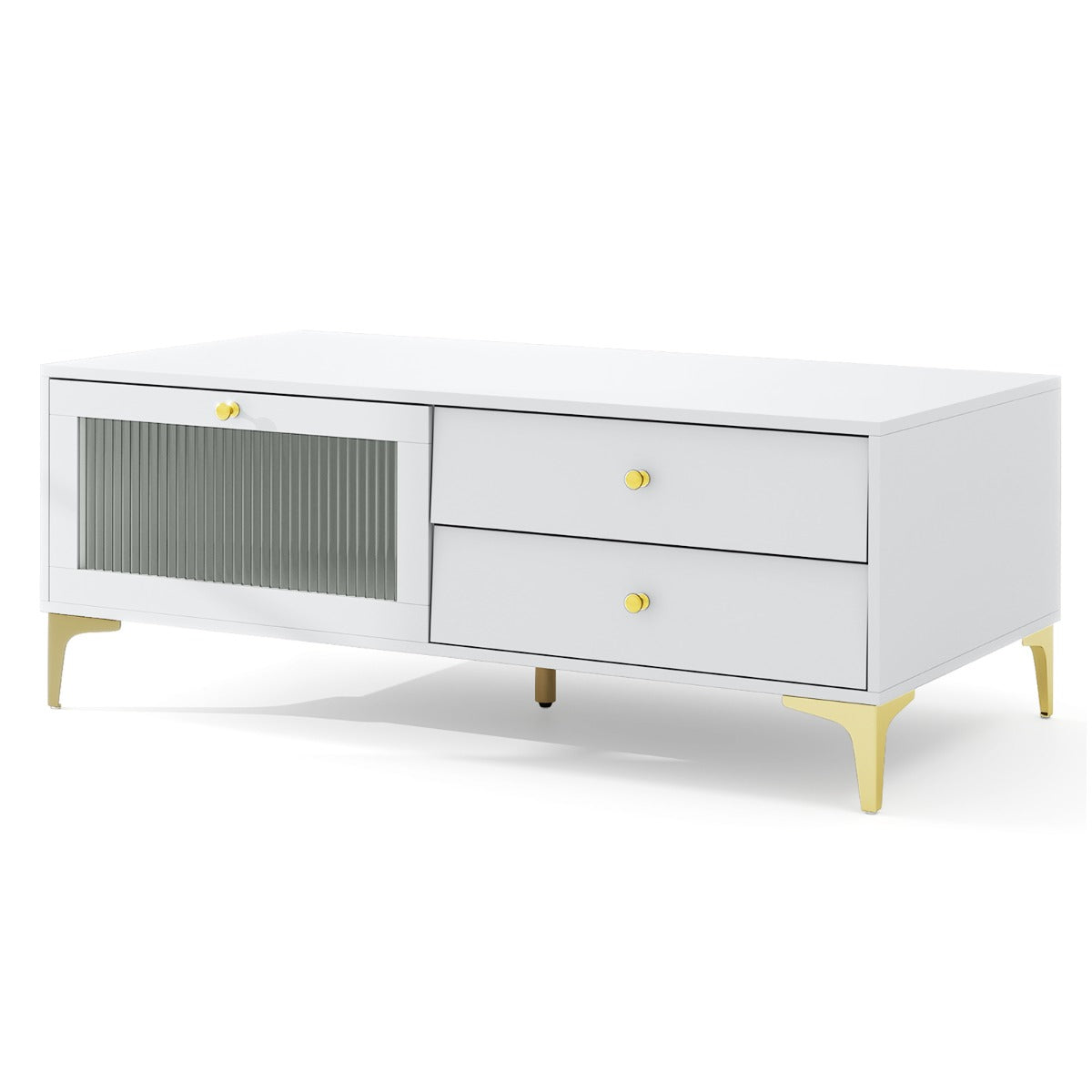 LIVSK tv-console voor 55 inch tv - Opbergkast met 2 lades - Neerklapbare deur - Metalen poten - Modern design - Lichtgrijs