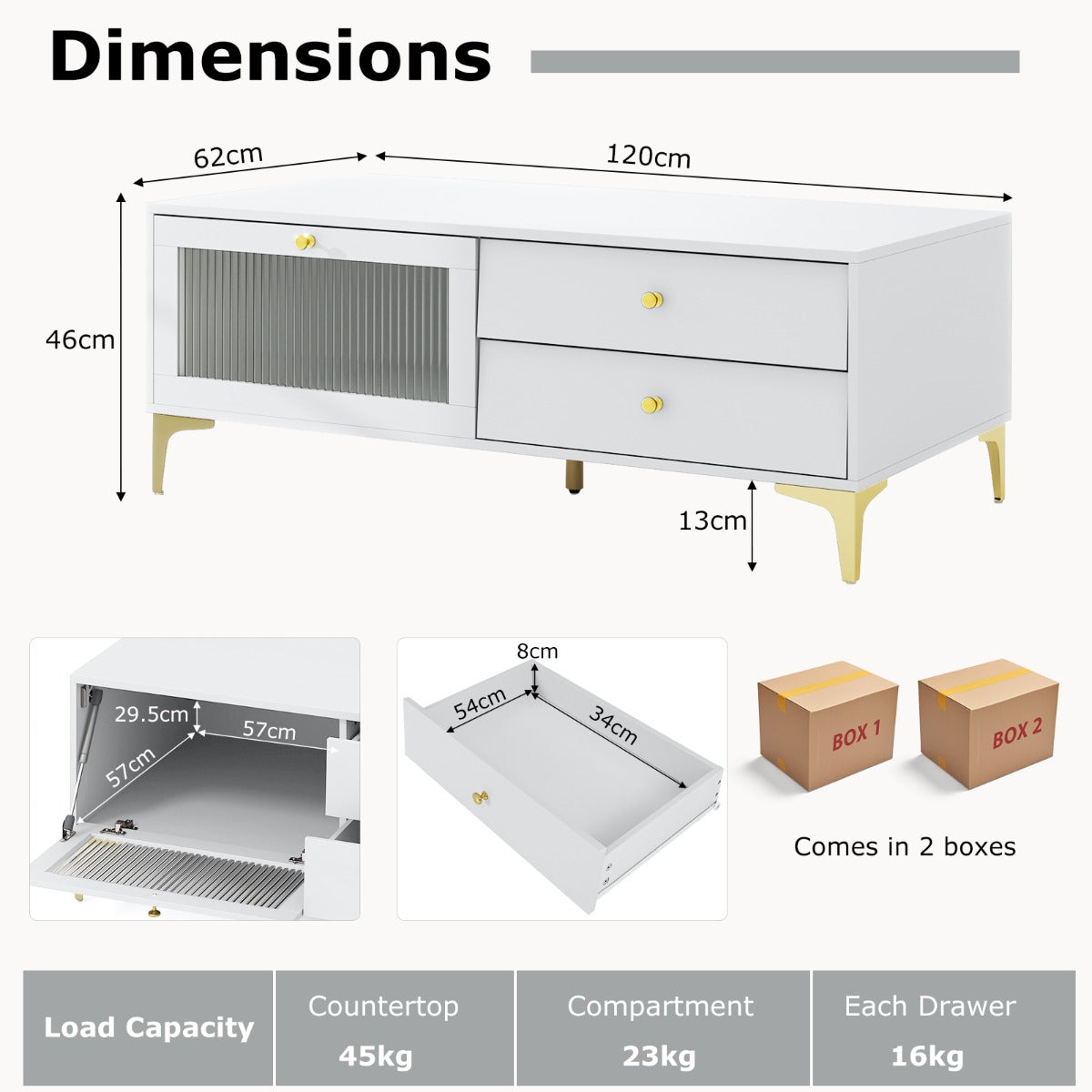 LIVSK tv-console voor 55 inch tv - Opbergkast met 2 lades - Neerklapbare deur - Metalen poten - Modern design - Lichtgrijs