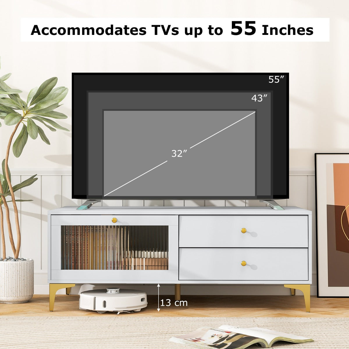 LIVSK tv-console voor 55 inch tv - Opbergkast met 2 lades - Neerklapbare deur - Metalen poten - Modern design - Lichtgrijs