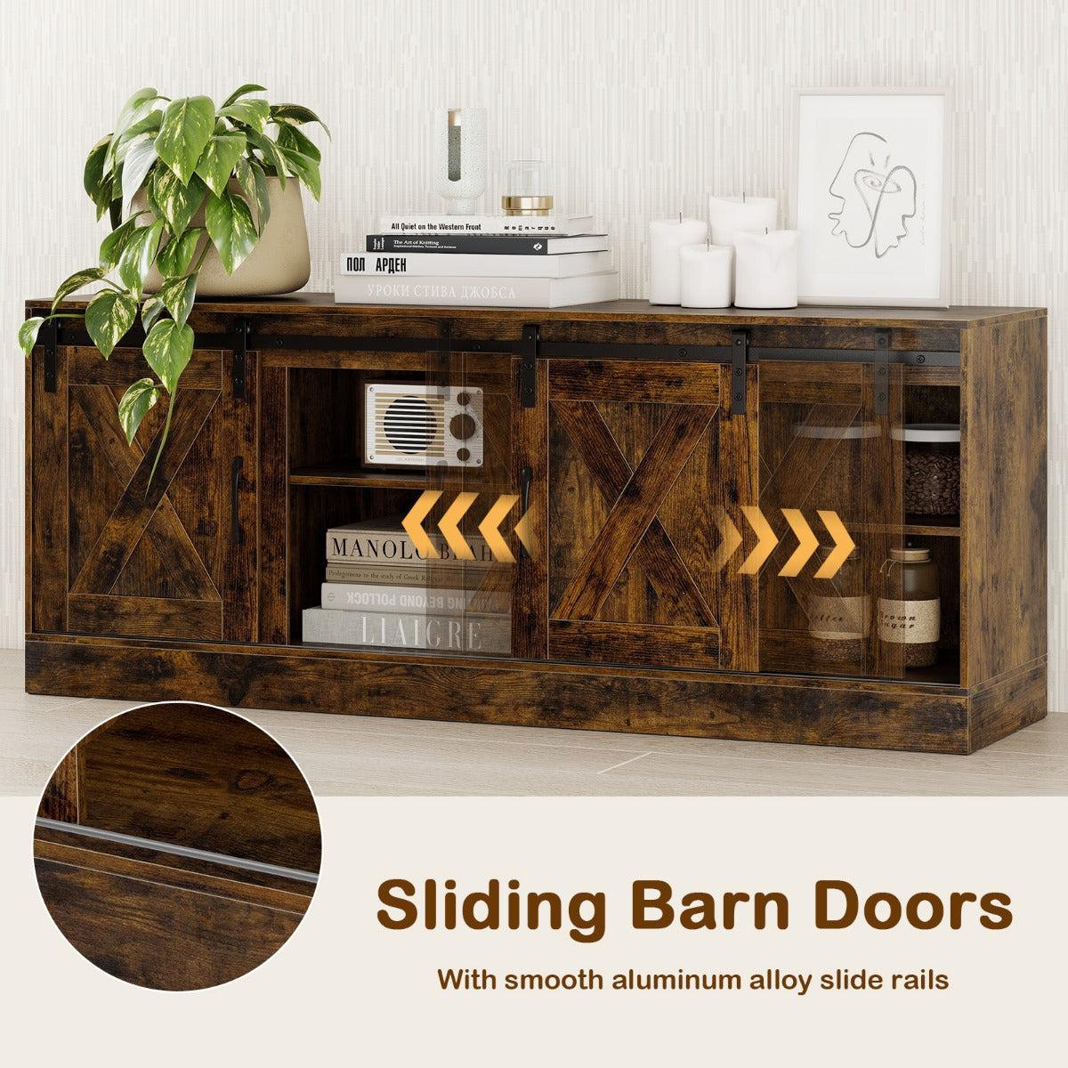 Livsk costway tv meubel voor 70 televisie tv kast met schuifdeuren in schuurstijl verstelbare planken 3