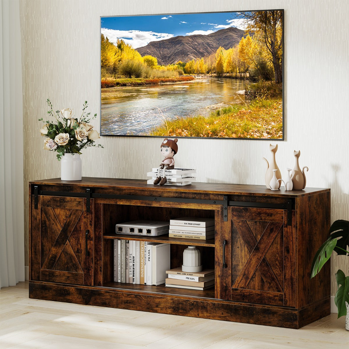 Livsk costway tv meubel voor 70 televisie tv kast met schuifdeuren in schuurstijl verstelbare planken 6