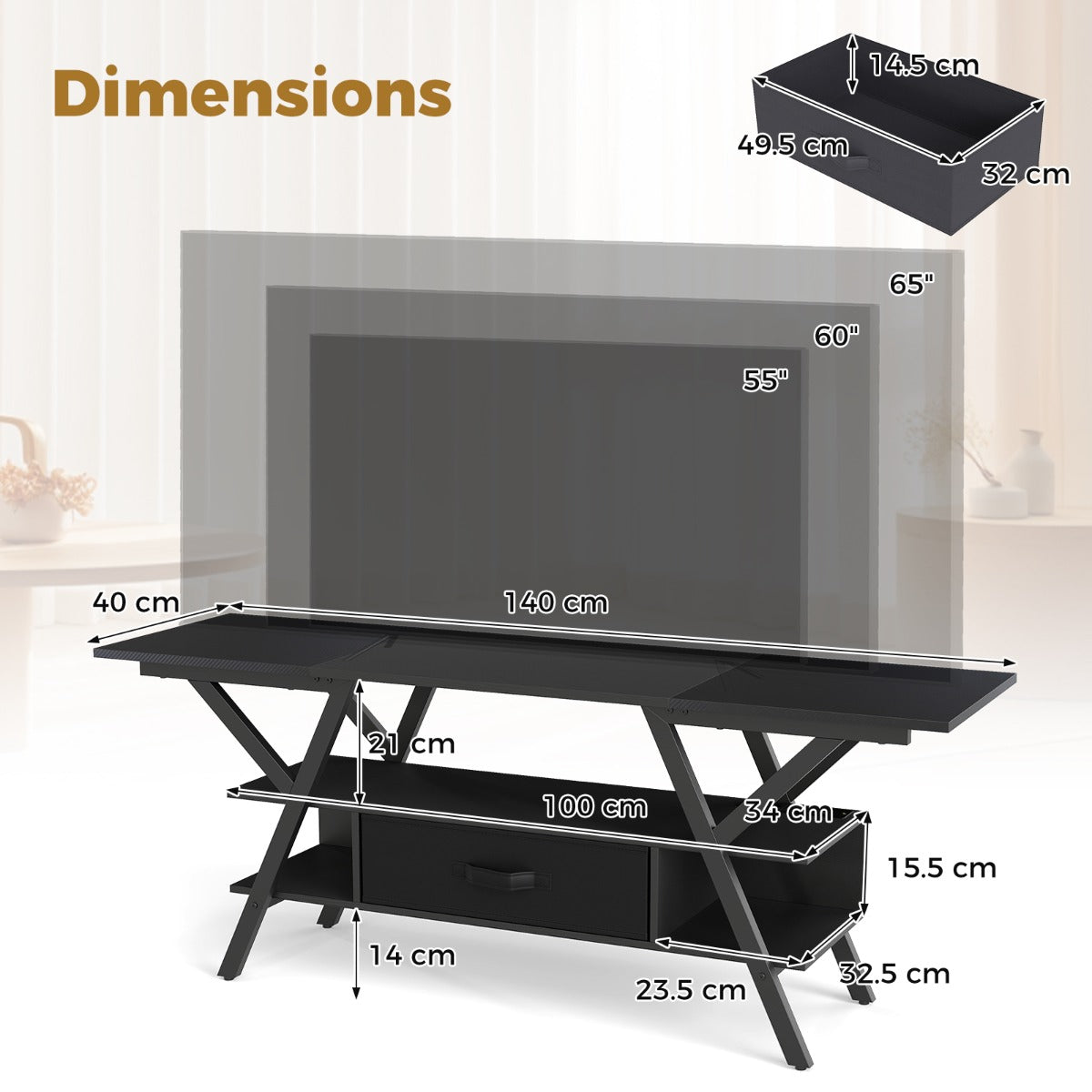 LIVSK TV - standaard met LED Verlichting - 16 Kleuren - Ingebouwde Stroomstrip - Ruimte voor 65 - inch TV - Stijlvol Zwart