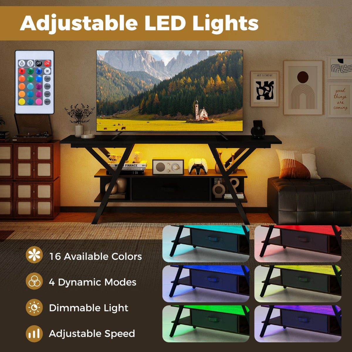 LIVSK TV - standaard met LED Verlichting - 16 Kleuren - Ingebouwde Stroomstrip - Ruimte voor 65 - inch TV - Stijlvol Zwart