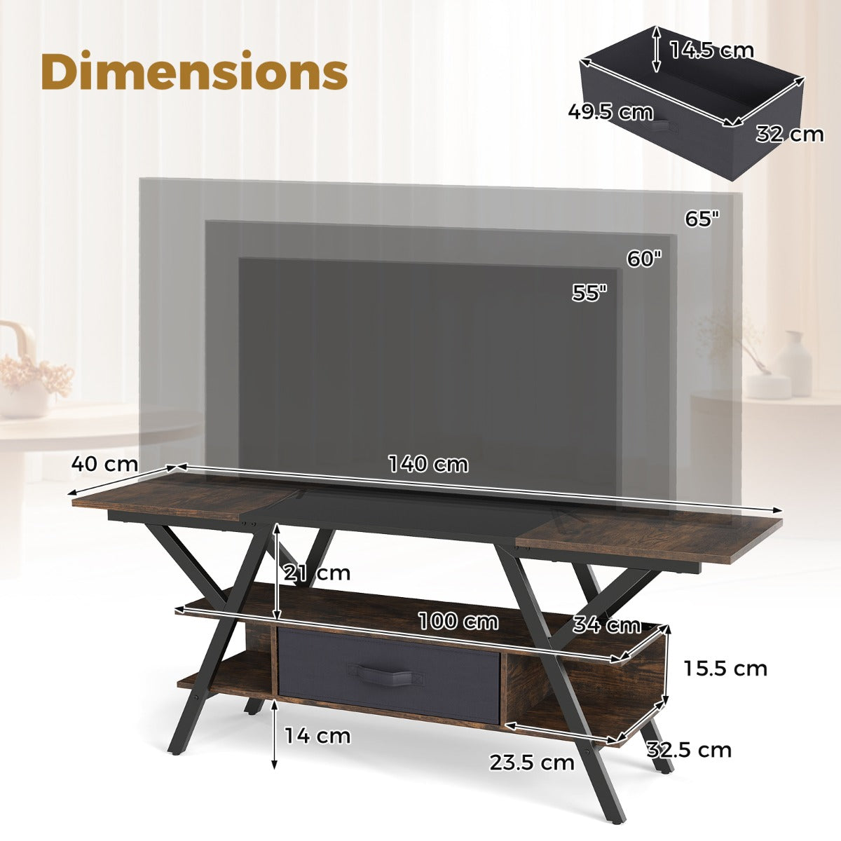 LIVSK TV - standaard 65 - inch - LED Verlichting met 16 Kleuren - Ingebouwde Stopcontacten - Ruime Opbergruimte - Robuust Metaal