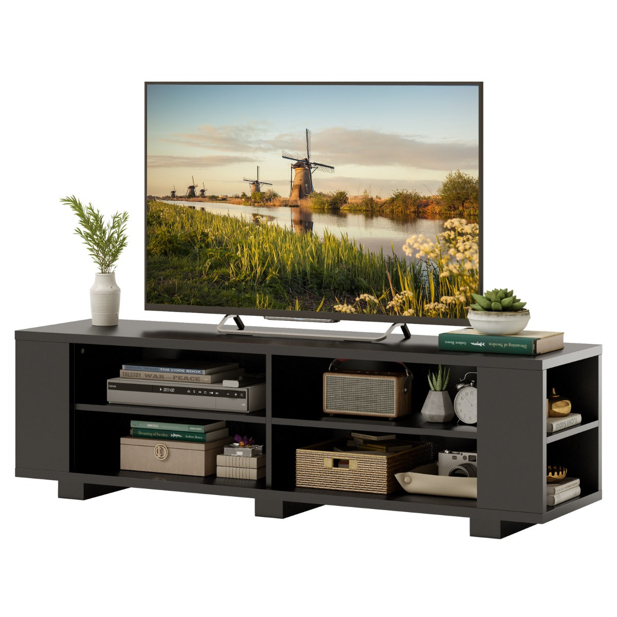 LIVSK TV-meubel voor Flatscreen tot 65" - 3-laags met Open Vakken - Verstelbare Plank - Stabiele MDF Constructie - Zwart