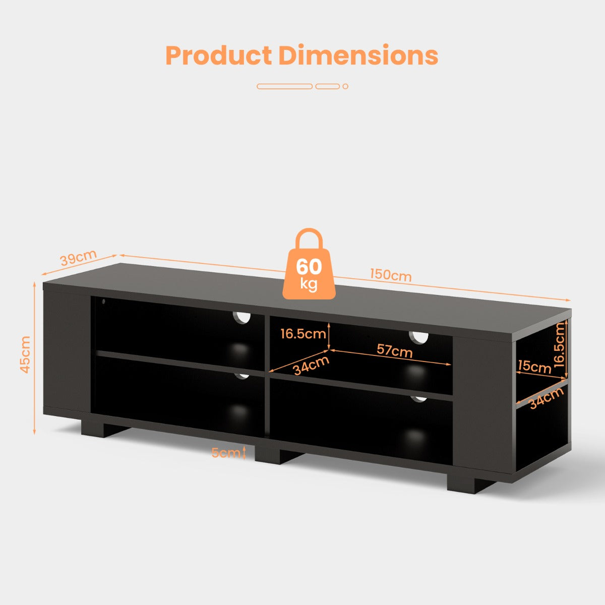 LIVSK TV-meubel voor Flatscreen tot 65" - 3-laags met Open Vakken - Verstelbare Plank - Stabiele MDF Constructie - Zwart