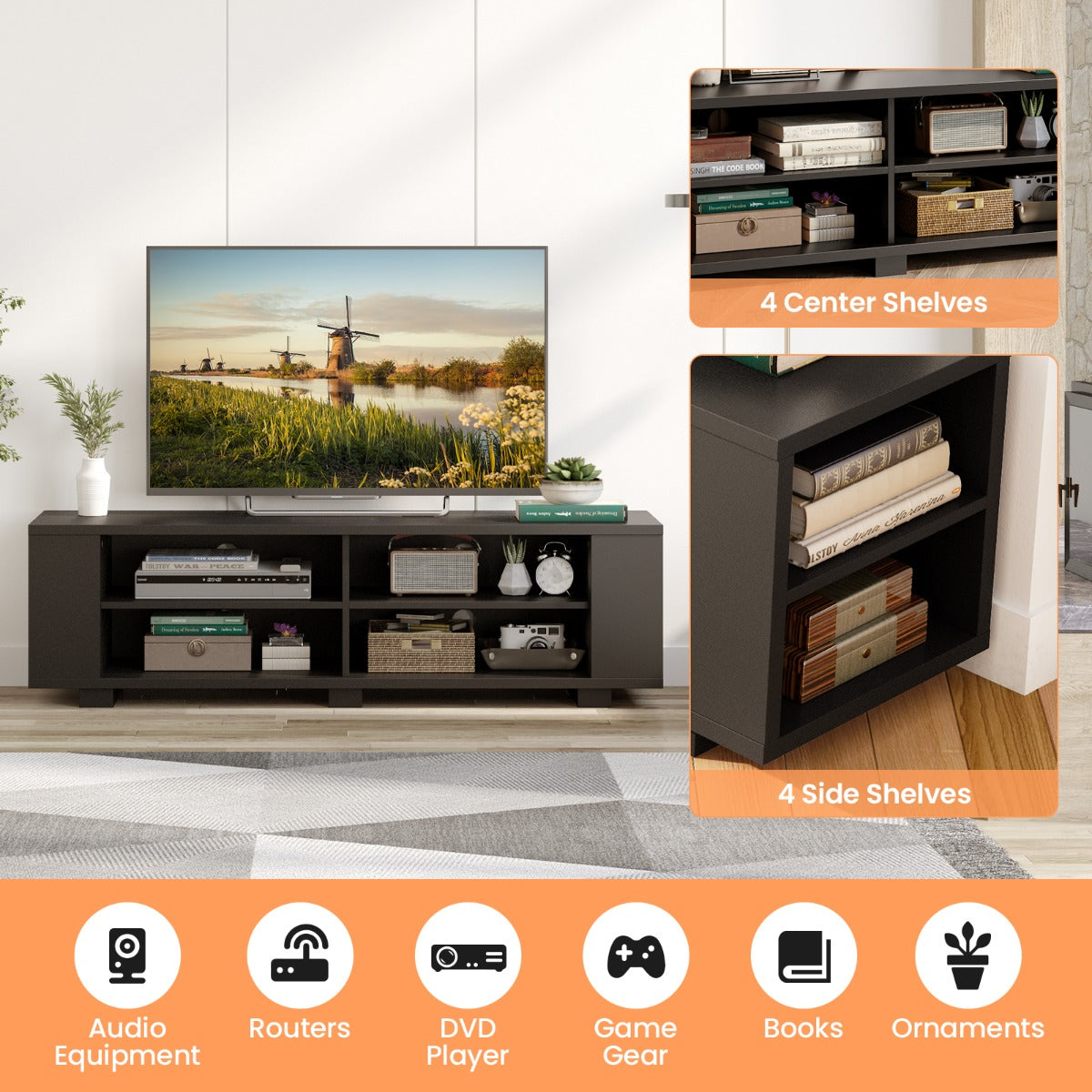 LIVSK TV-meubel voor Flatscreen tot 65" - 3-laags met Open Vakken - Verstelbare Plank - Stabiele MDF Constructie - Zwart