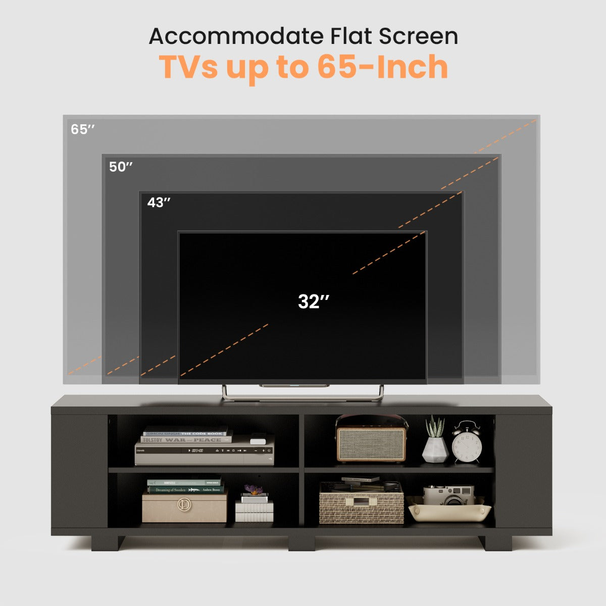 LIVSK TV-meubel voor Flatscreen tot 65" - 3-laags met Open Vakken - Verstelbare Plank - Stabiele MDF Constructie - Zwart