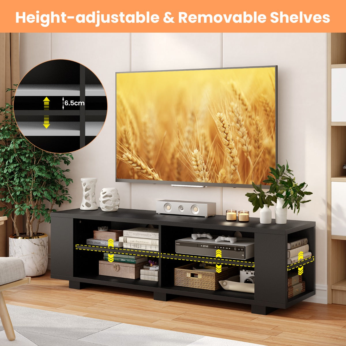 LIVSK TV-meubel voor Flatscreen tot 65" - 3-laags met Open Vakken - Verstelbare Plank - Stabiele MDF Constructie - Zwart