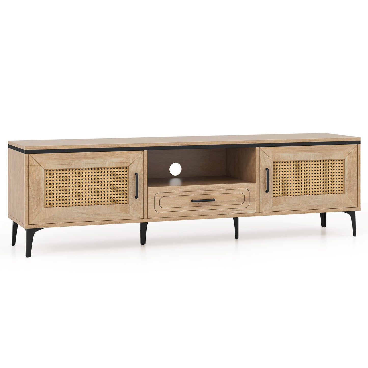 LIVSK TV-standaard voor 65 inch TV - 2 Deuren - Lade - Open Plank - Stevige 6-poot Ondersteuning - Eik