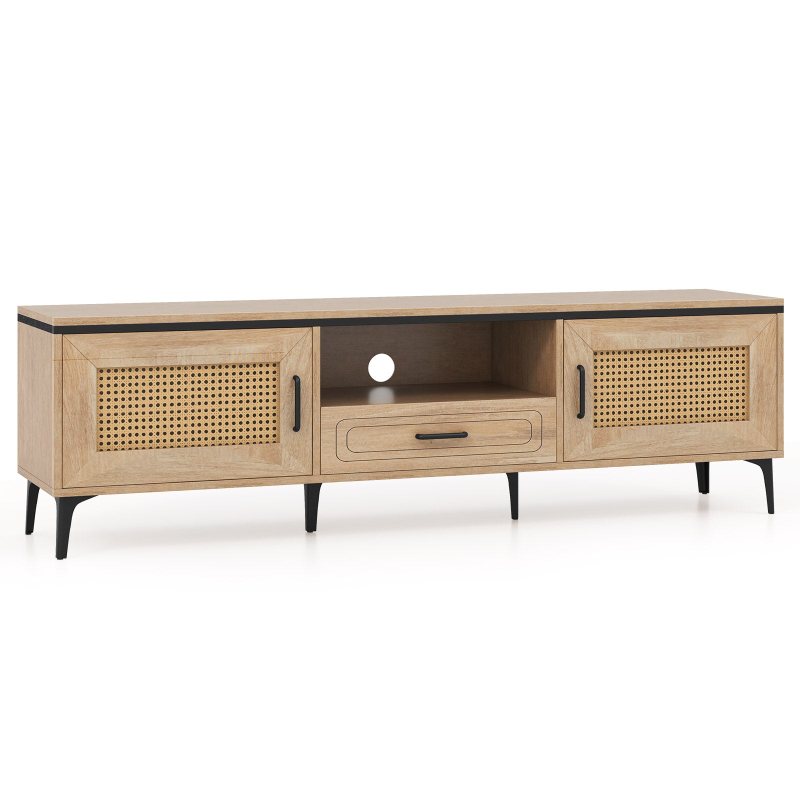 LIVSK TV-standaard voor 65 inch TV - 2 Deuren - Lade - Open Plank - Stevige 6-poot Ondersteuning - Eik