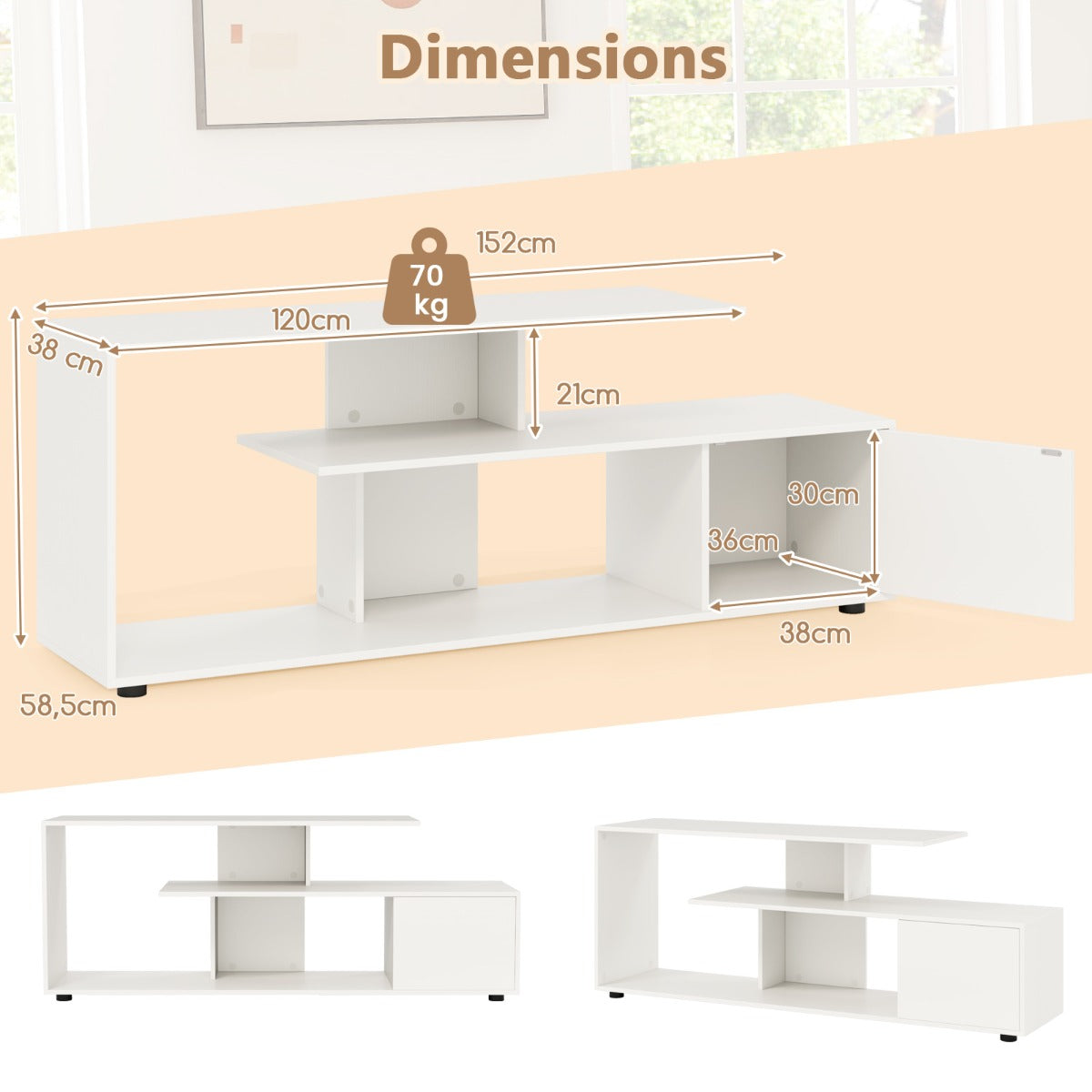 LIVSK TV-standaard voor TV's tot 55 inch - Open planken - 5 steunpoten - Stevige constructie - 152 x 38 x 58,5 cm - Rustiek bruin