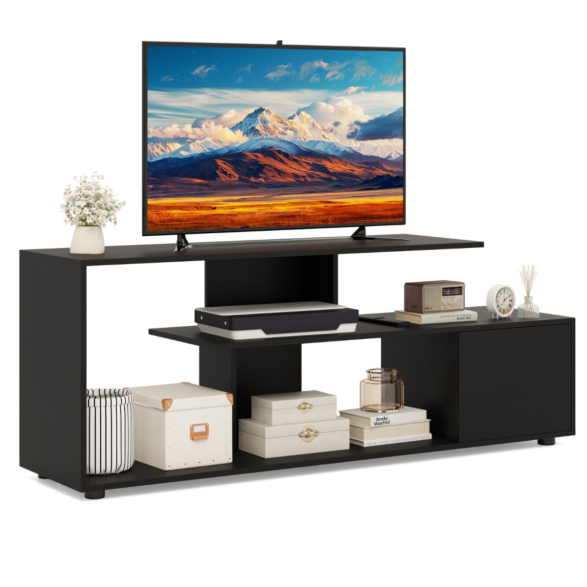 LIVSK Asymmetrische TV-standaard - Geschikt voor 55" TV's - Open Planken - Opbergkast - 5 Steunpoten - Rustiek bruin